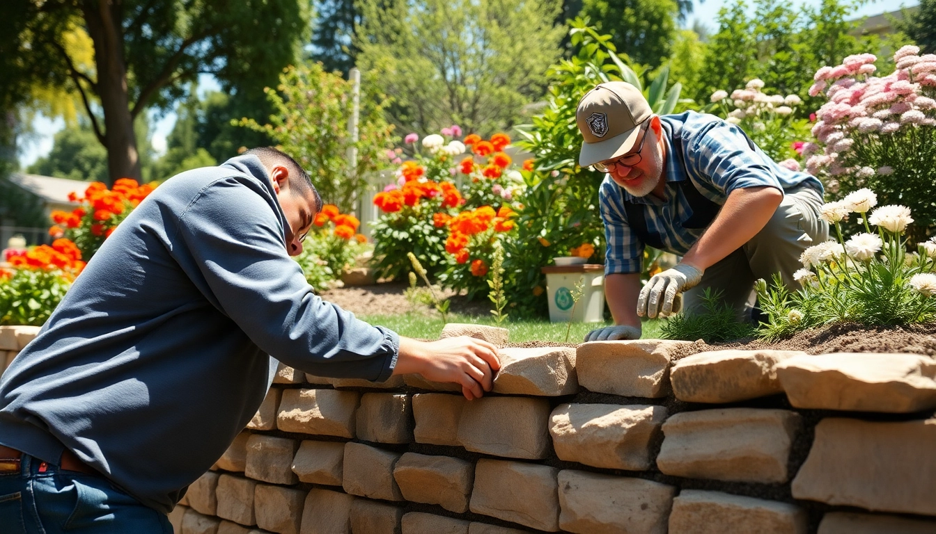 Retaining wall contractor Bay Area constructing a durable stone wall in a beautiful garden.