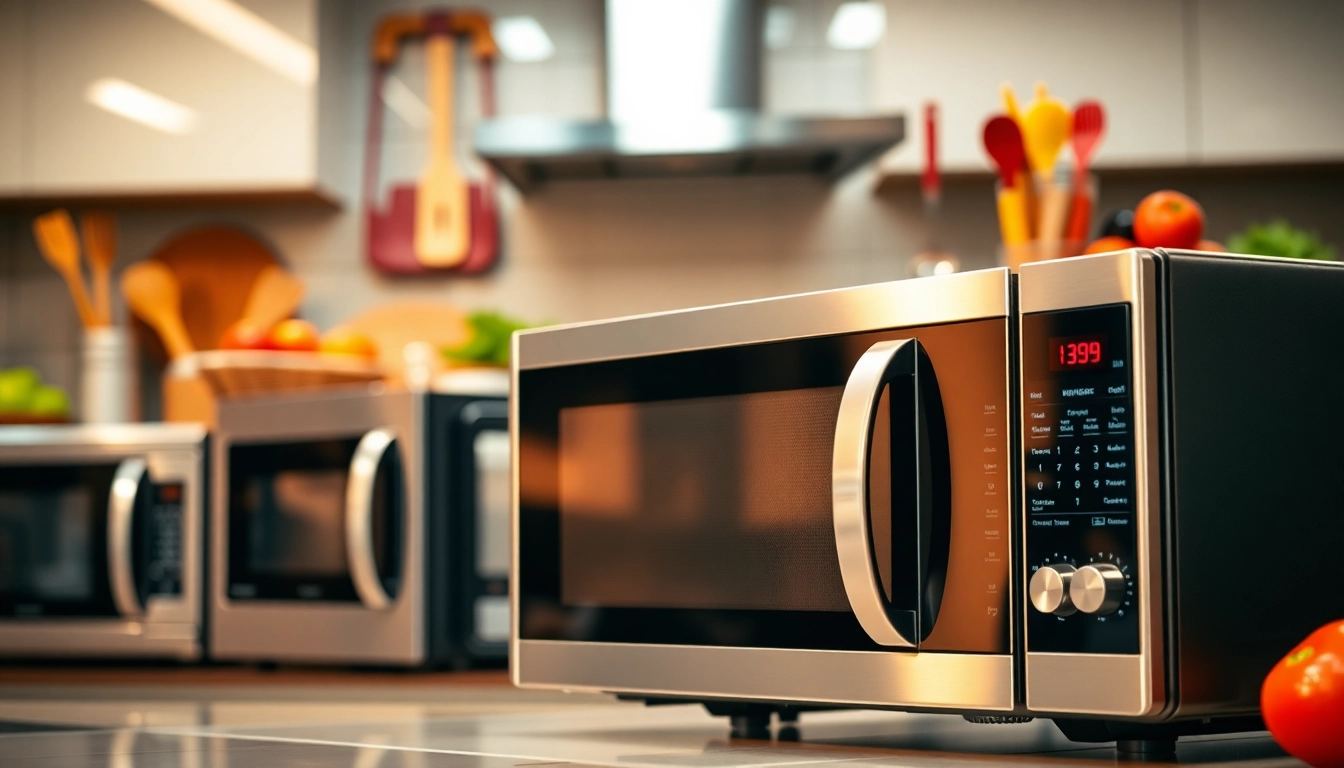 Showcase of microwave oven sales featuring modern appliances in a professional kitchen setting.