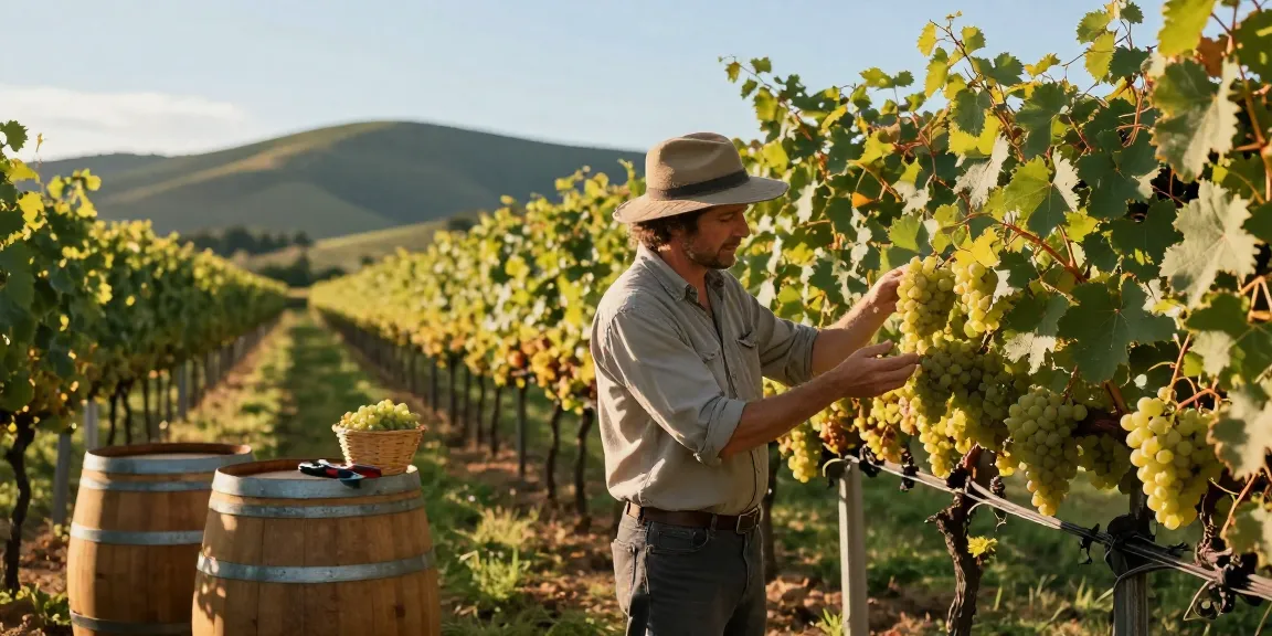 Winemaker Dave inspecting grape clusters in a sunny vineyard