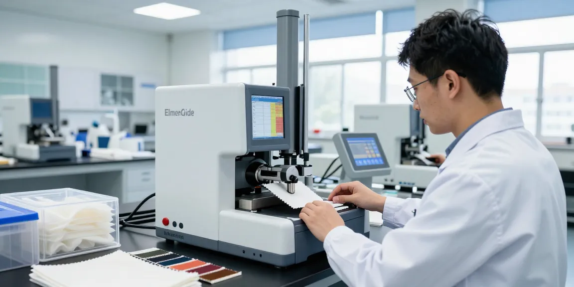 Applying elmendorf tear testing in a modern textile lab with advanced machinery and safety features.