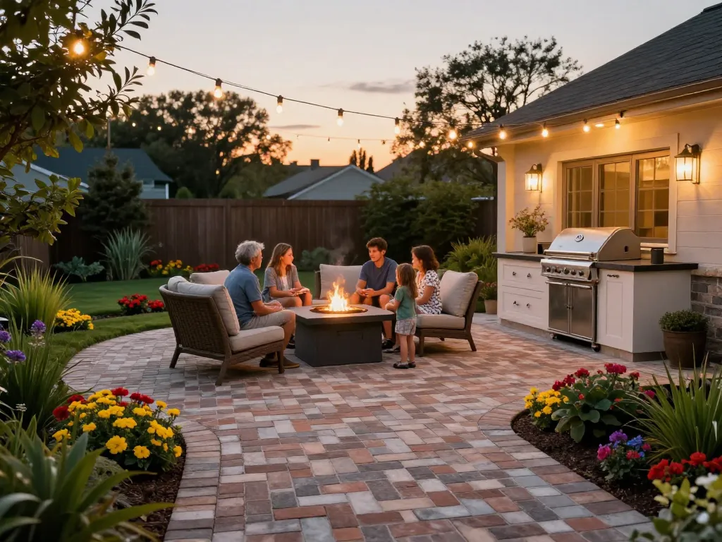 Stunning outdoor space with elegant brick pavers near me, featuring vibrant flowers and a cozy fire pit for family gatherings.