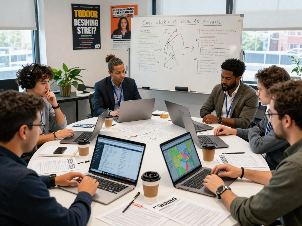 Dynamic political team collaborating on referendum campaign marketing strategies in a modern workspace.