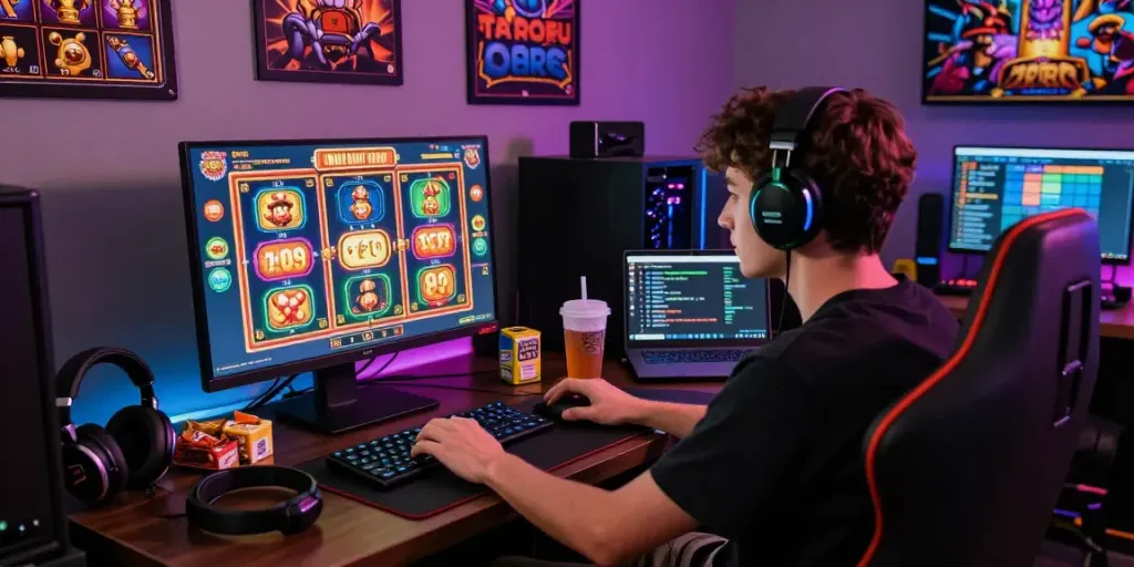 Player enjoying KOITOTO slot games in a lively online gaming setup