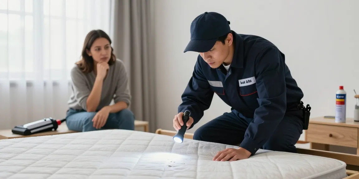 Expert conducting bed bug removal inspection in a client's bedroom.