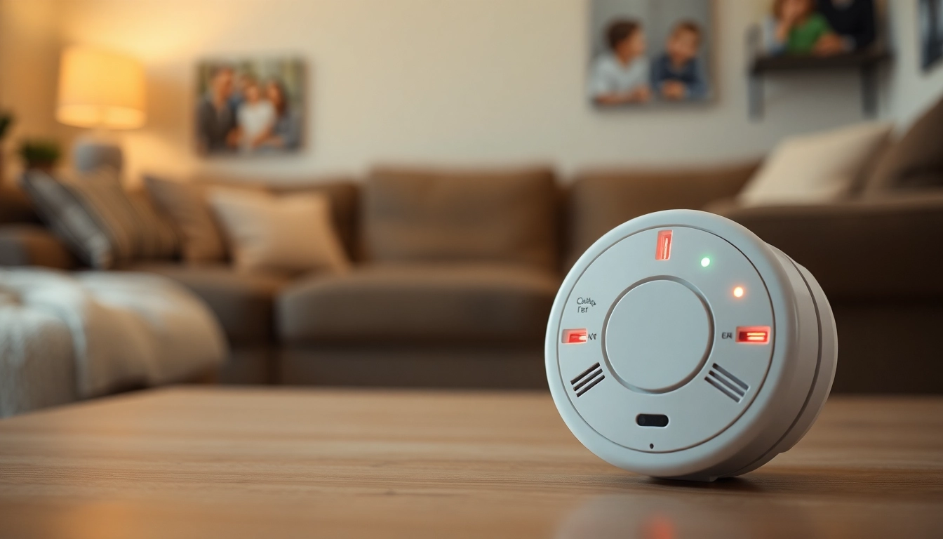 Carbon monoxide detector beeping in a cozy living room, signaling an alert for safety.