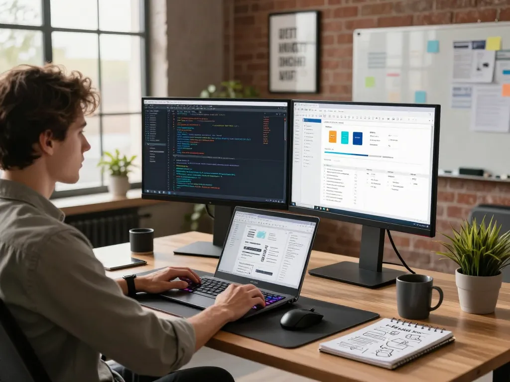 Developer focused on coding at modern office desk while considering wps 下载 options for productivity.