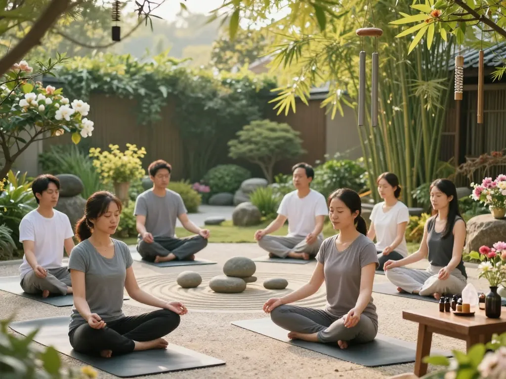Group meditating in a serene garden, embodying how to reframe thoughts positively through mindfulness.
