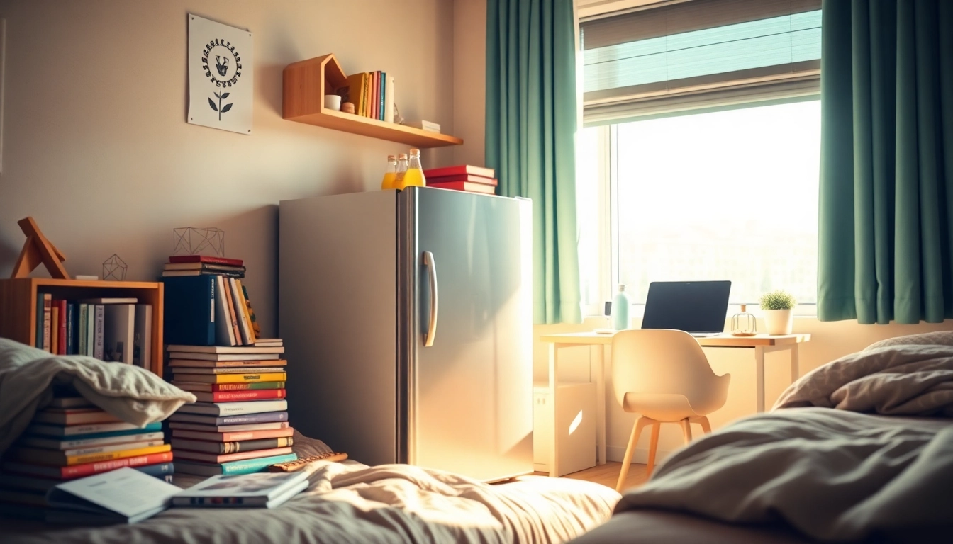 A dorm room fridge filled with snacks and drinks, adding functionality to a cozy college space.