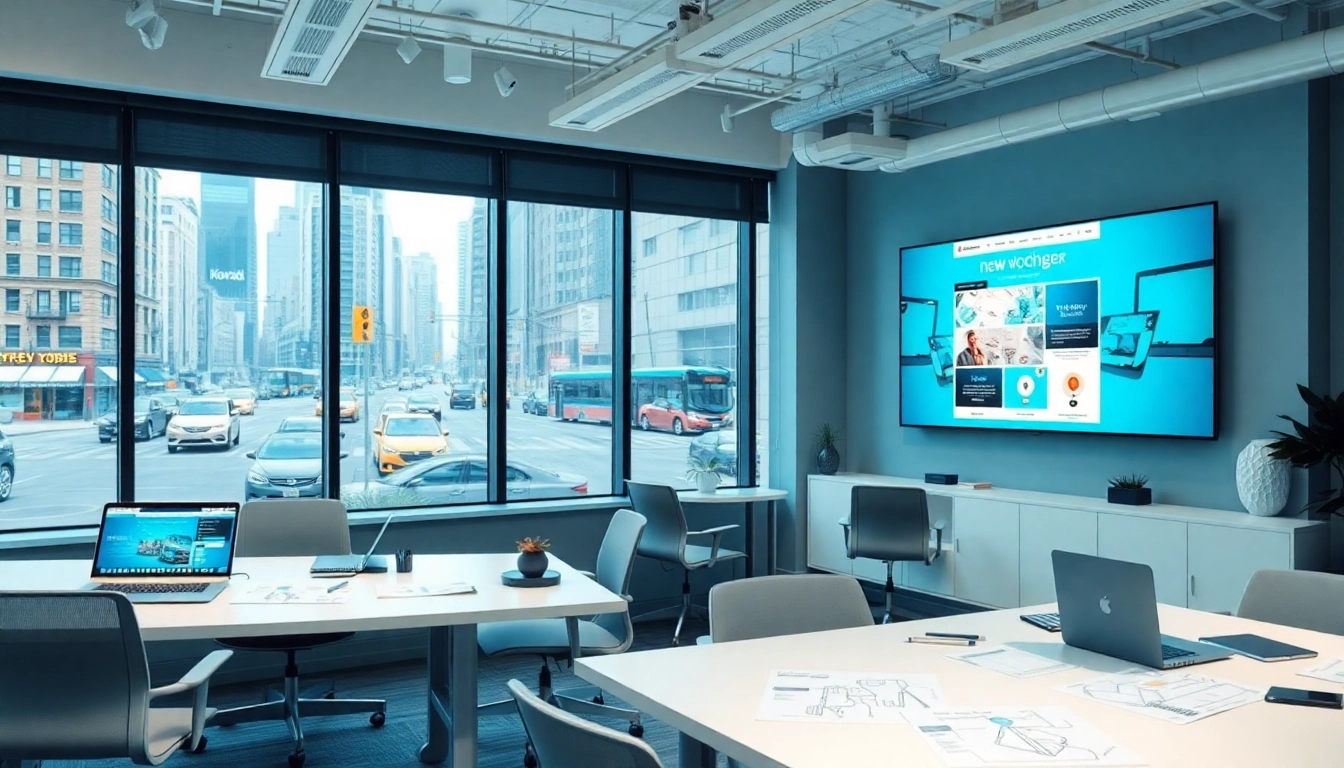 Modern office showcasing New York web design services with collaborative team at work.