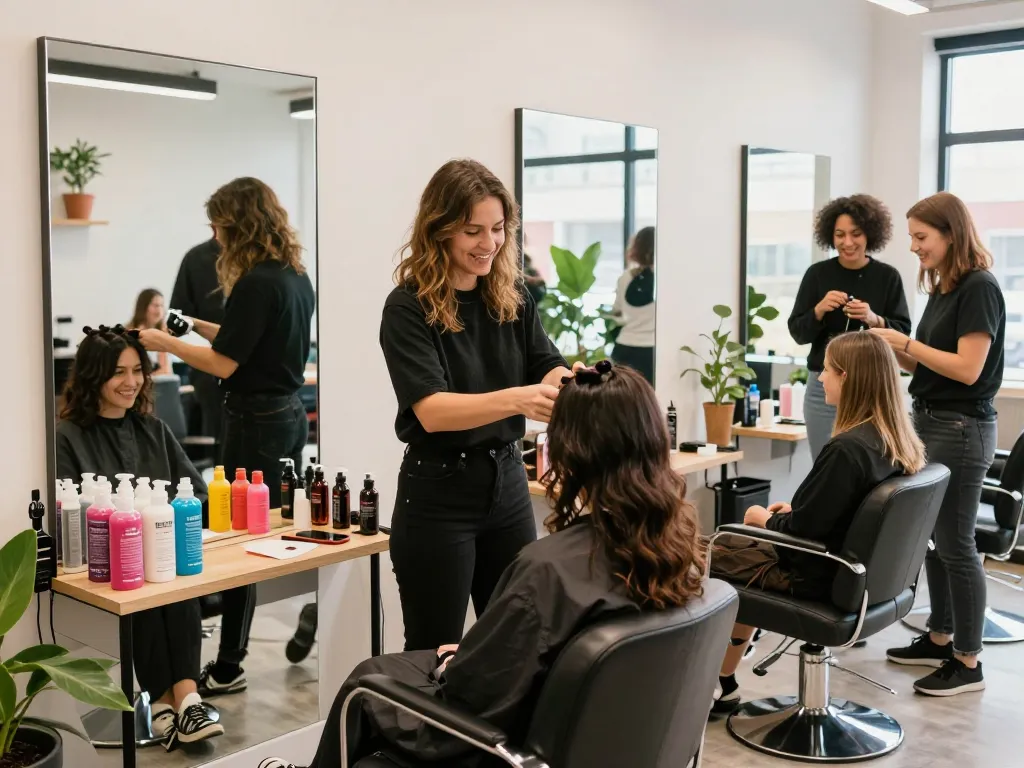 Hairdresser near me styling client's hair in a vibrant salon with modern decor.