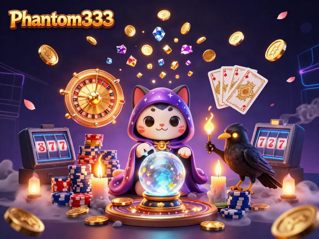 Experience Phantom333 with vibrant gaming elements and mystical characters in a dynamic 3D casino illustration.