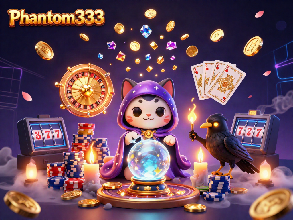 Experience Phantom333 with vibrant gaming elements and mystical characters in a dynamic 3D casino illustration.