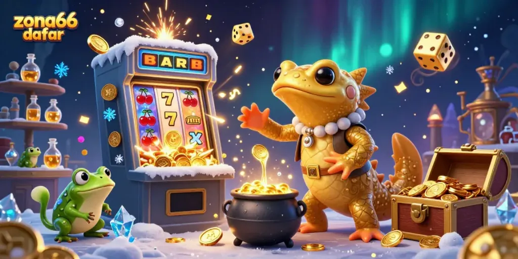 Aksi menarik zona66 daftar dengan salamander alkimis dan simbol slot kemenangan yang bersinar.