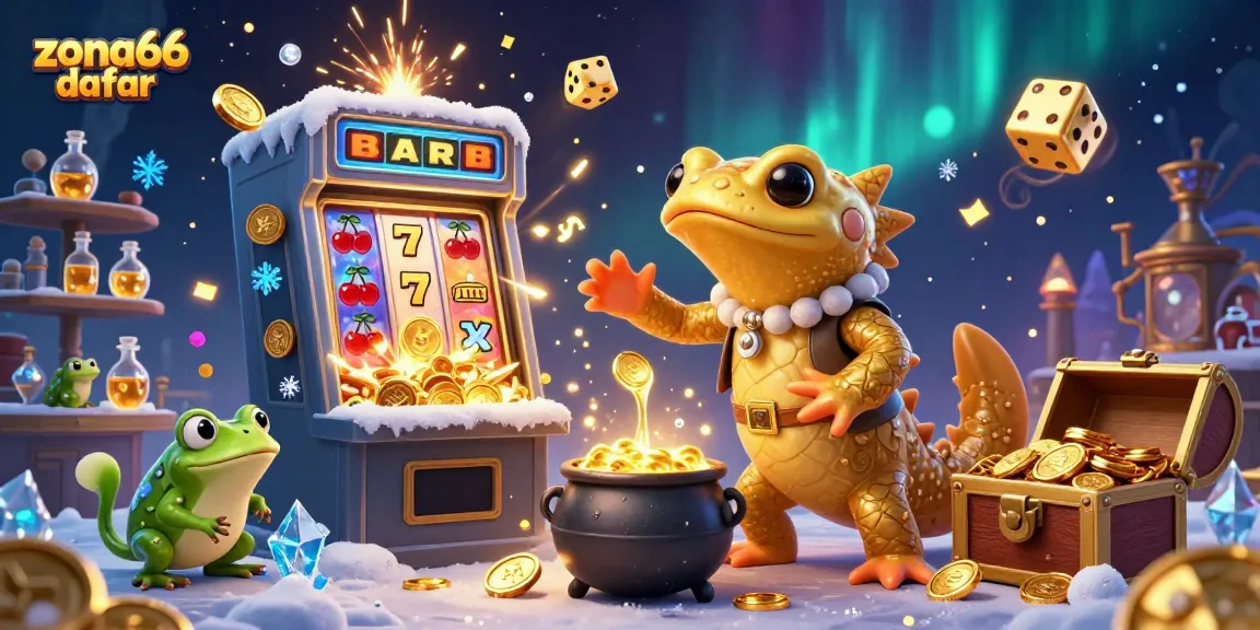 Aksi menarik zona66 daftar dengan salamander alkimis dan simbol slot kemenangan yang bersinar.