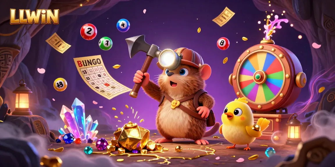 Experience LLWIN's thrilling lottery scene with vibrant characters, games, and sparkling treasures, showcasing excitement and engagement.