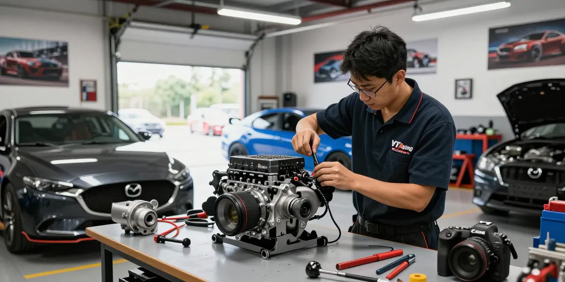 VT Racing Supercharger installation on a Mazda by skilled mechanic in a dynamic automotive garage.