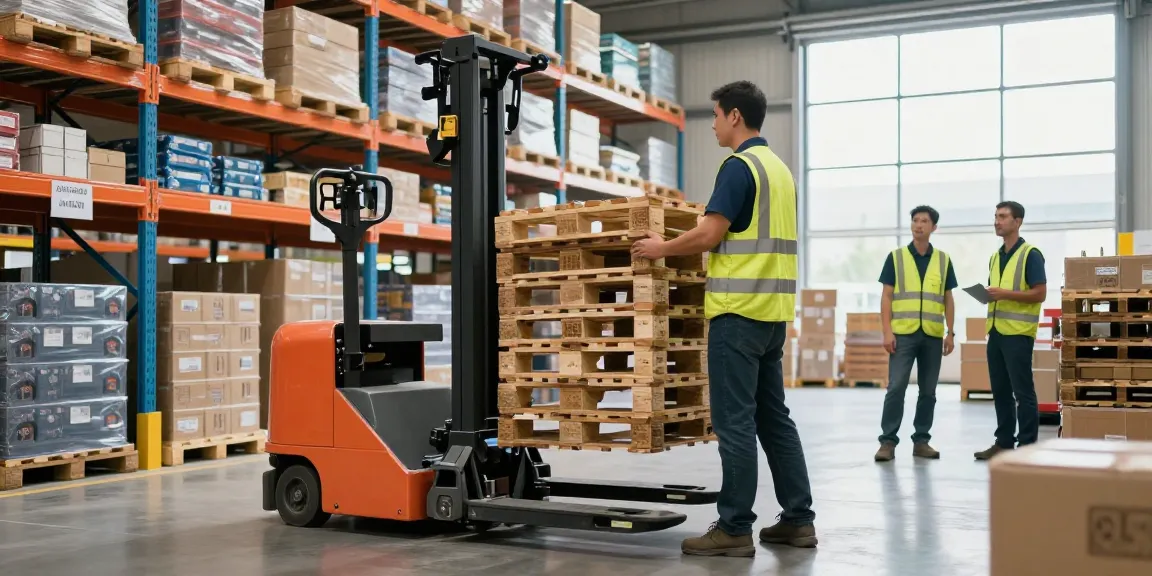 Operator skillfully using a pallet truck in a bright, busy warehouse, showcasing efficient material handling.