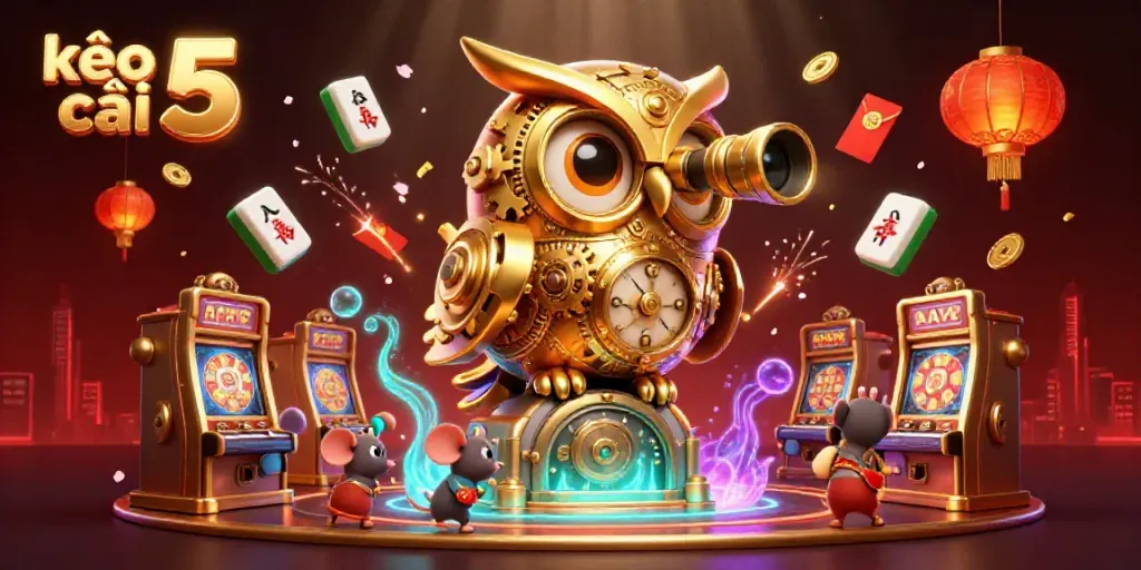 Engage with kèo nhà cái 5 in this dynamic casino scene filled with animated characters exploring slot machines surrounded by rich, vibrant details.