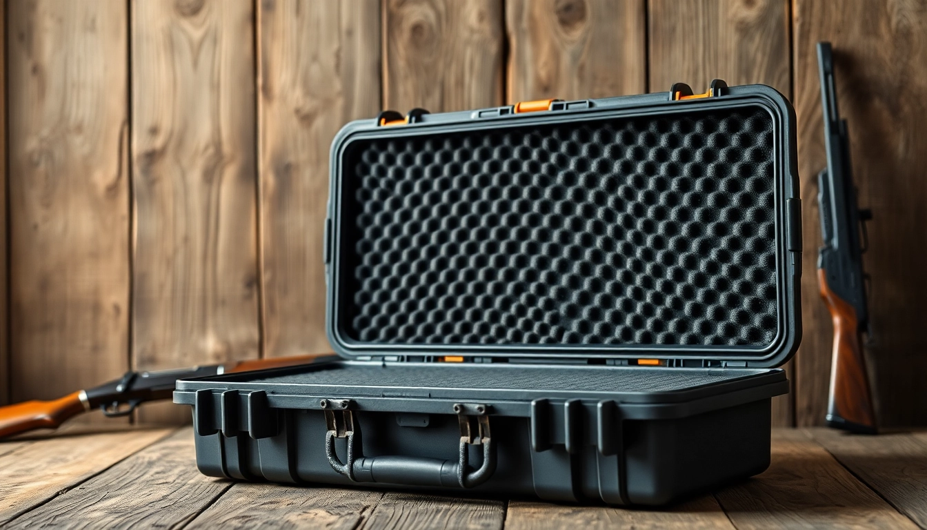 Showcase of a pelican gun case for sale, highlighting its features and durable design in a rustic setting.