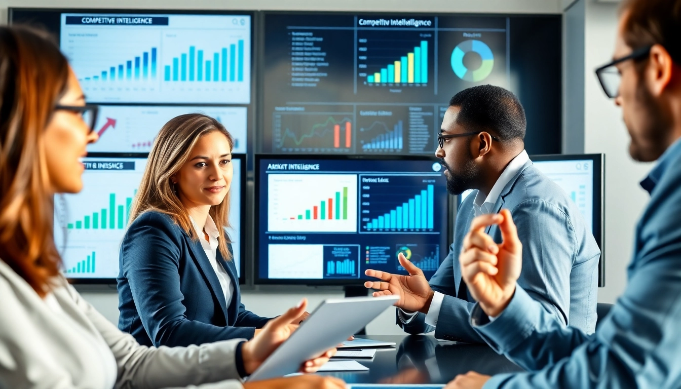 Engaged professionals analyzing b2b competitive intelligence in a modern meeting space.
