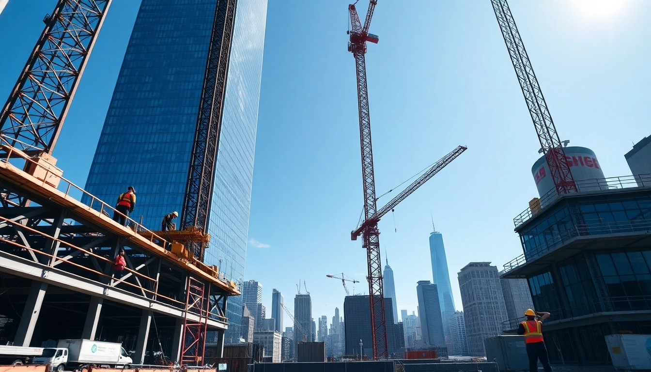 New York City Commercial General Contractor overseeing a vibrant construction site with cranes and workers.
