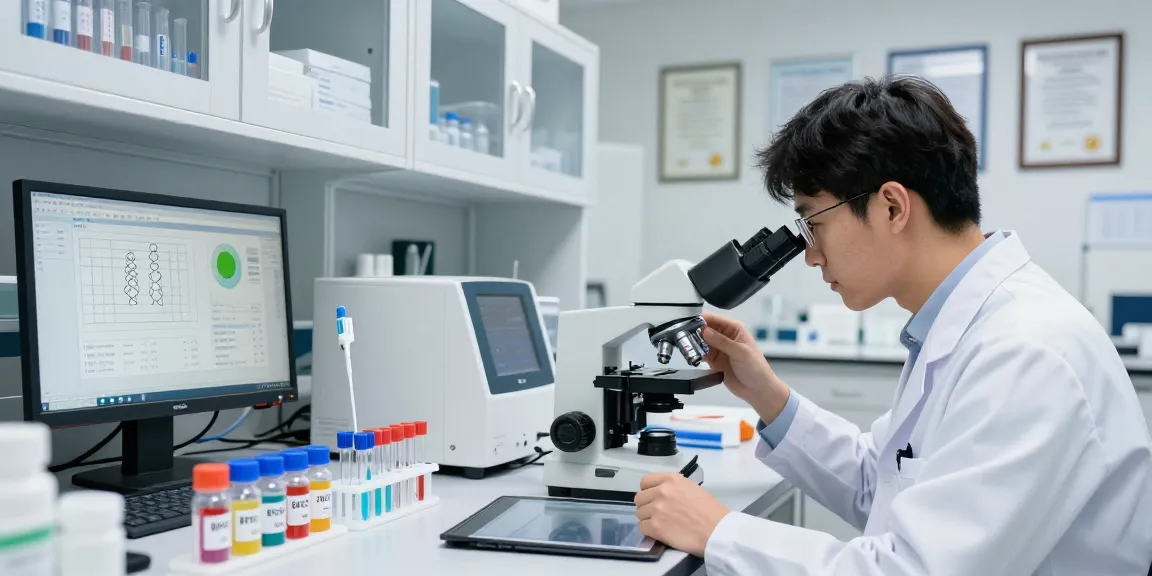 Buy peptides in a professional lab with a researcher analyzing peptide samples for purity.