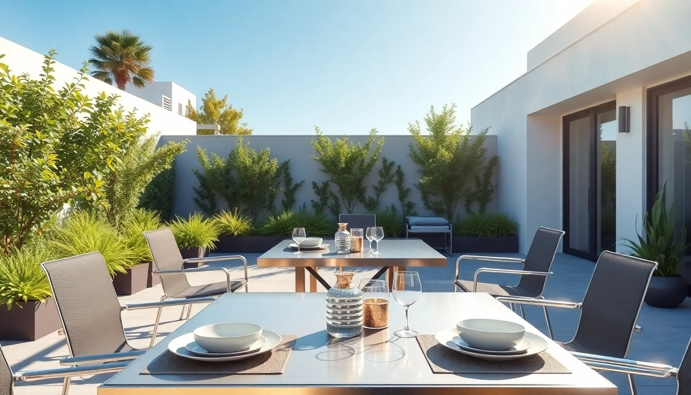 Stylish stainless steel furniture set up for an outdoor dining experience.