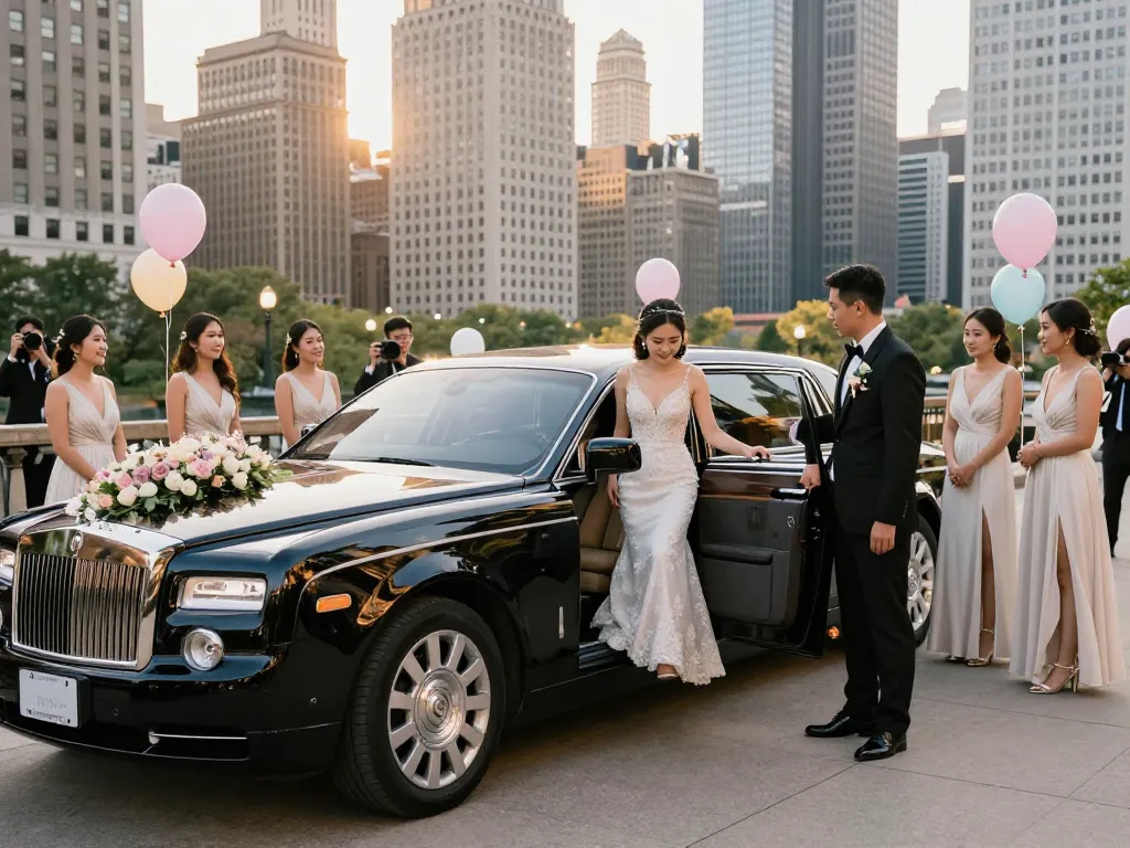 Wedding limo service chicago il - elegant couple entering a luxury limousine in Chicago cityscape