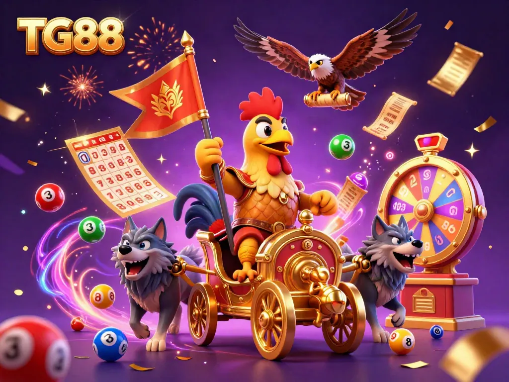 TG88 showcases a dynamic gambling celebration with a rooster warlord and lottery elements.