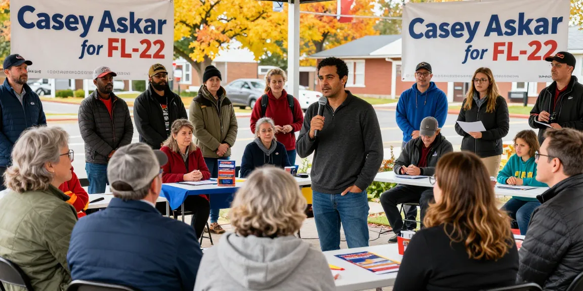 Casey Askar engaging voters at a lively town hall meeting for FL-22 campaign.