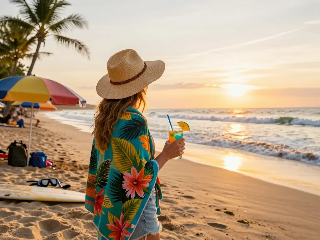 Bali tour adventure at sunset with traveler on beach, palm trees, and ocean waves.