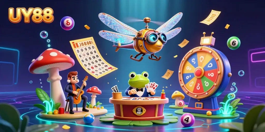 Experience thrilling casino action with UY88 as a dragonfly pilot, frog dealer, and cricket band in vibrant 3D.