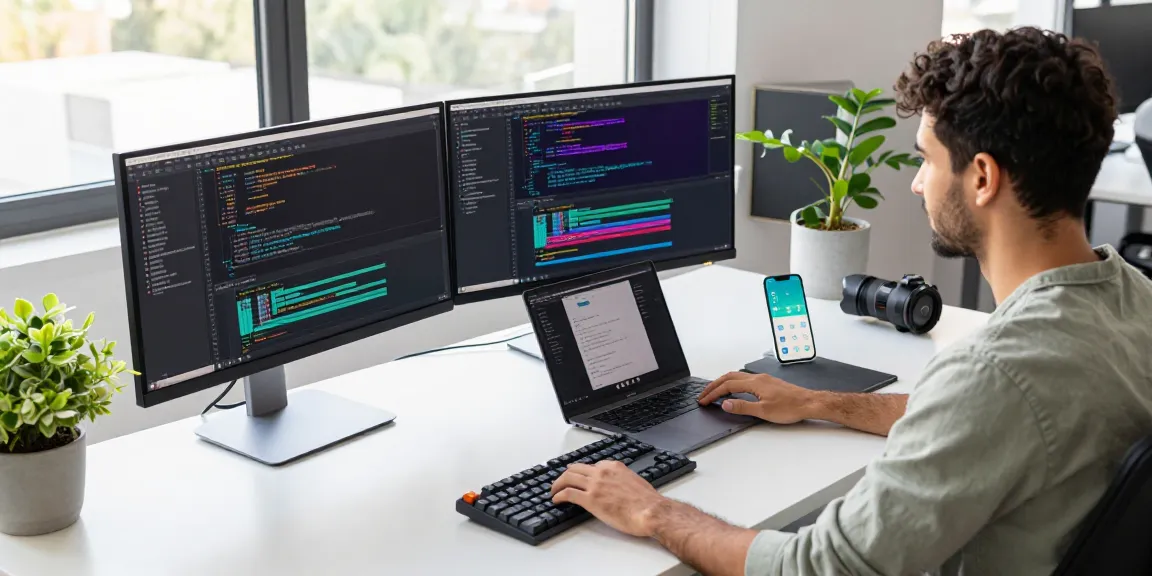 vds satın al in a modern tech workspace with developer coding on multiple monitors and natural light.
