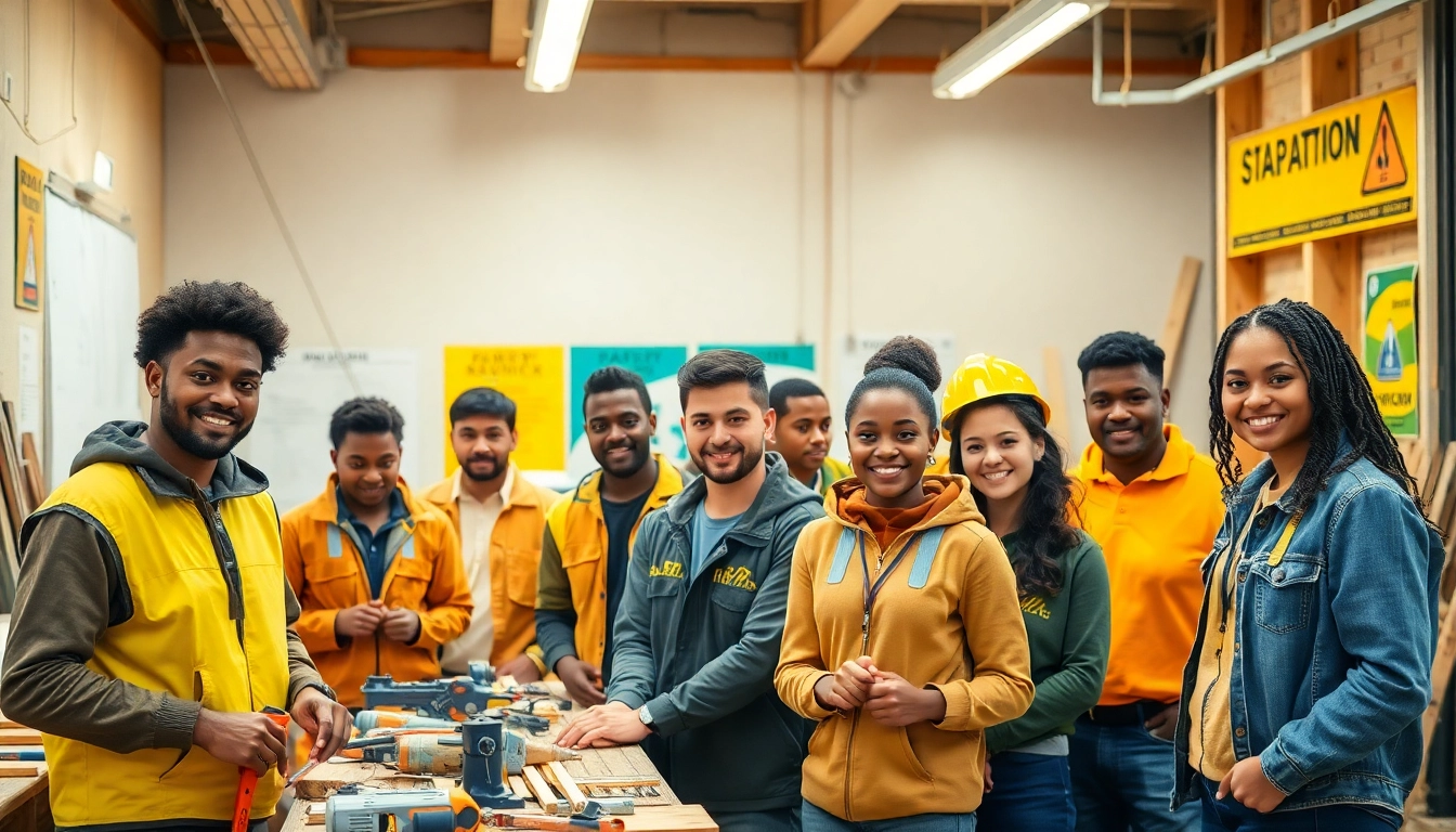 Hands-on learning in construction training programs with diverse trainees engaged in activities.