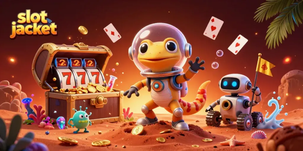 Slot jackpot yang menarik dengan karakter dan elemen kasino dalam ilustrasi 3D yang memukau.