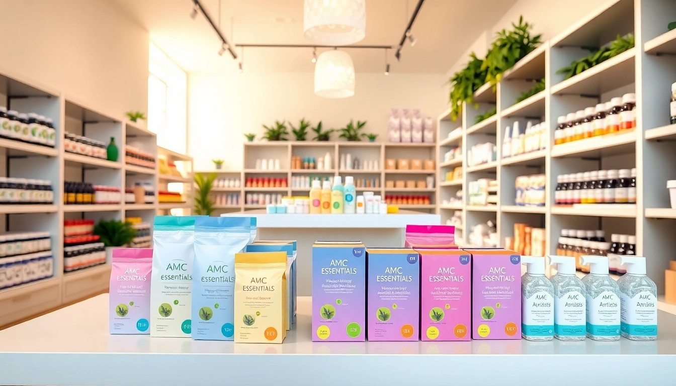 Showcase of AMC Essentials wellness products in a bright store, emphasizing vibrant packaging and inviting atmosphere.