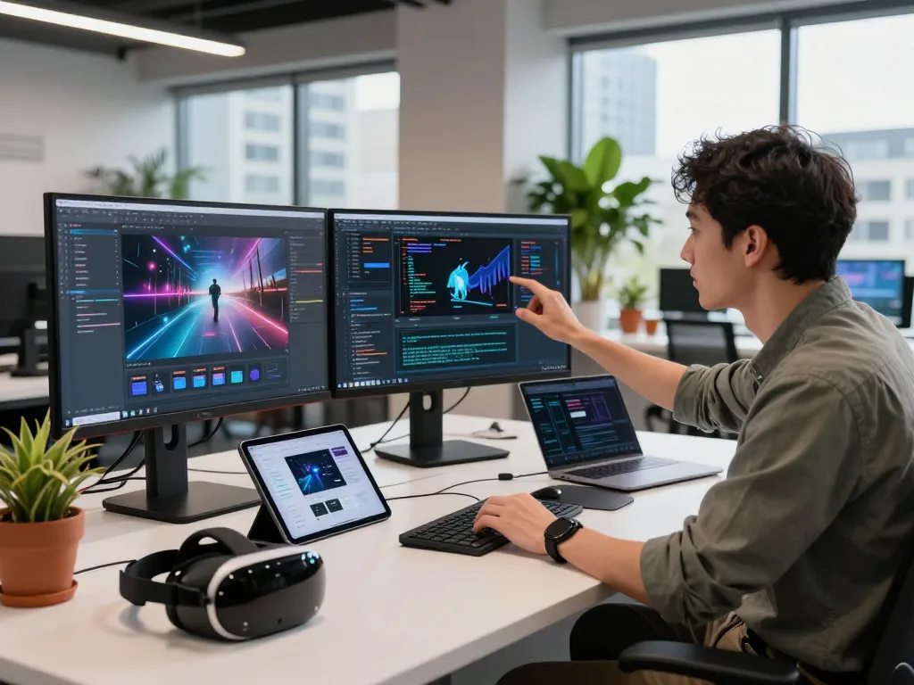 Dynamic workspace showcasing motion control AI technology, highlighting innovative software development with mind control ai applications.