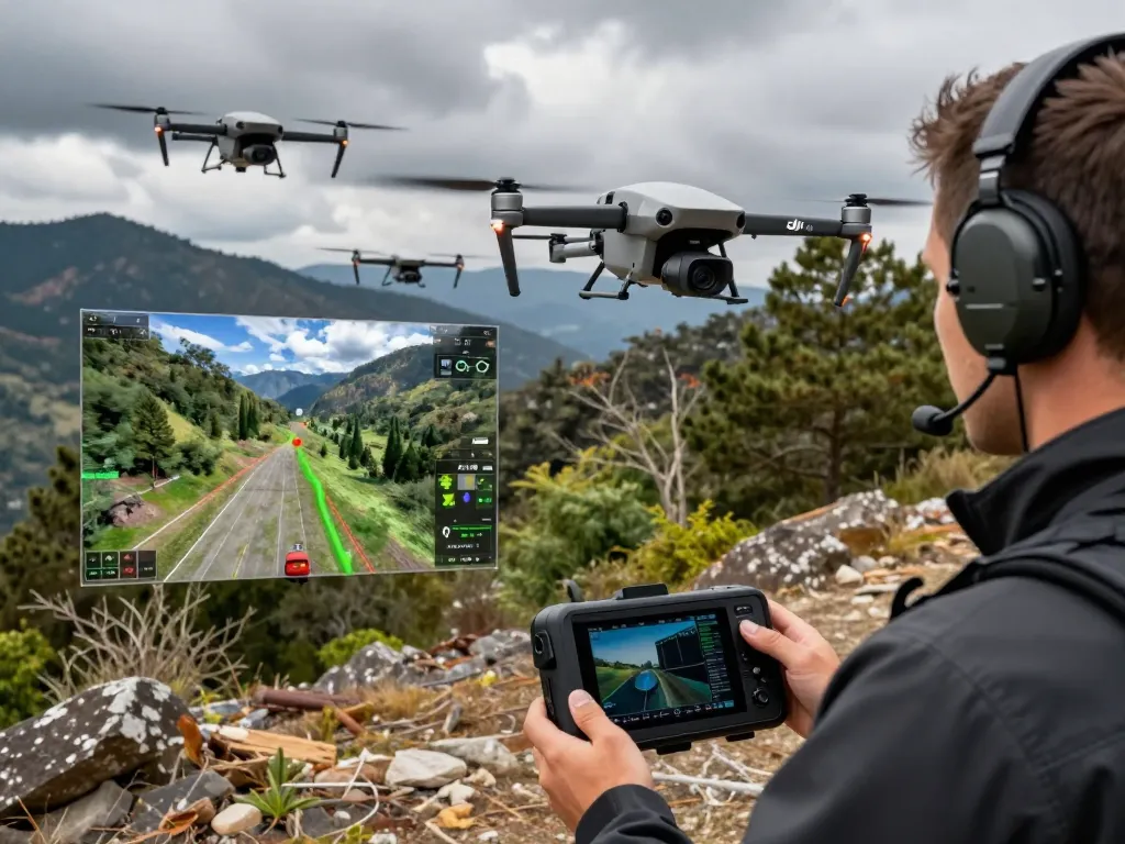 Pilot operating the matrice 4td drone in outdoor rugged terrain, showcasing aerial capabilities and advanced imaging.