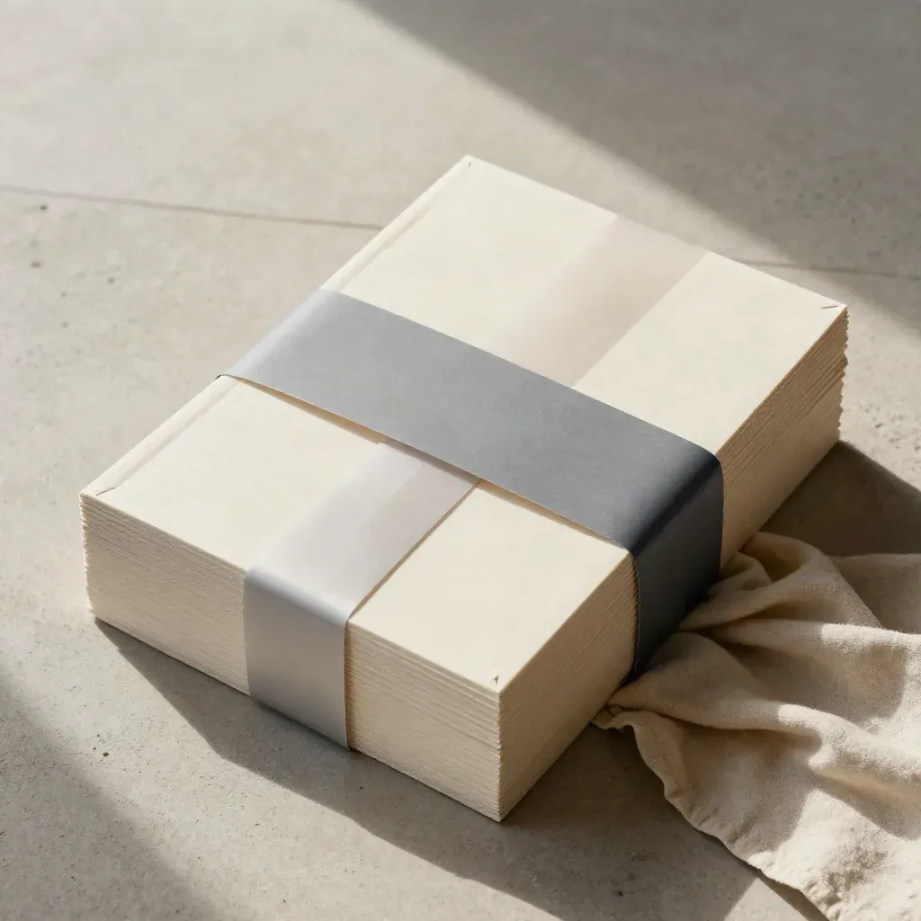 Overhead flat lay of cream modules wrapped in tissue and linen on pale stone.