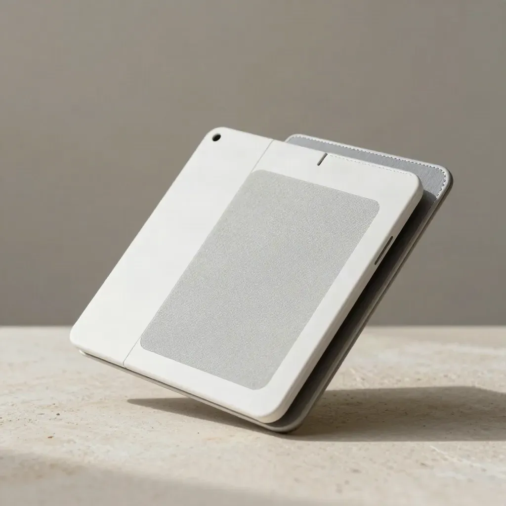 Matte white software slate with two slim modules on ash-grey linen in soft studio light.