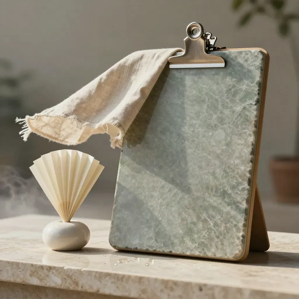 Matte stone writing hero with blank glass face, linen sleeve, clip, paper fan and ceramic weight in moody light.