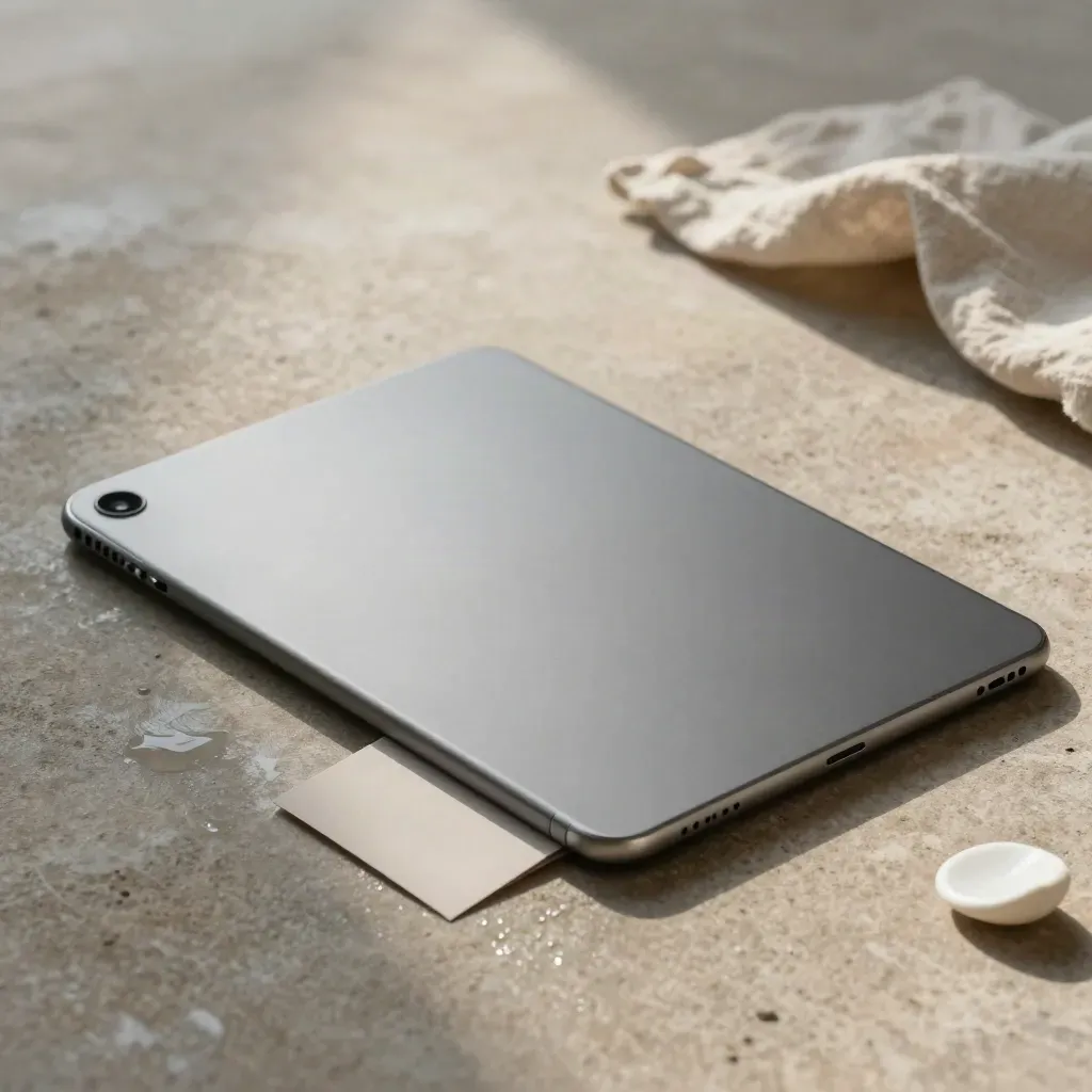 Graphite folio on wet stone with sleeve, clip, and insert in misty light
