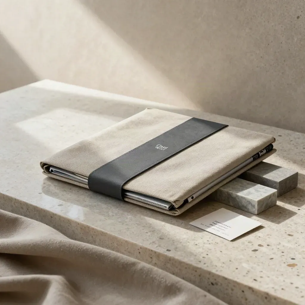 Editorial tablet package on travertine with linen wrap, stone blocks, and a teal accent in soft daylight