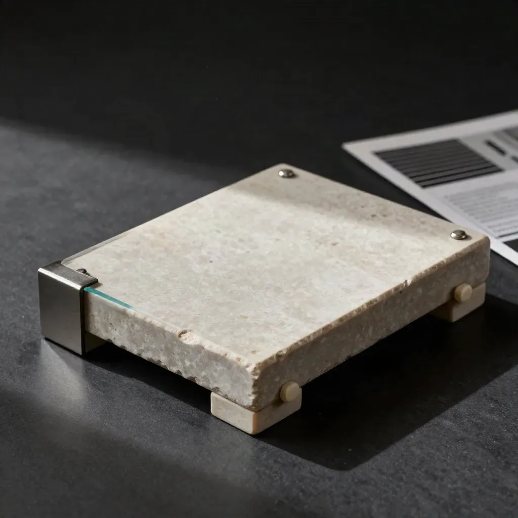 Pale stone audit slate with acrylic tab and metal corner piece on a dark studio surface.