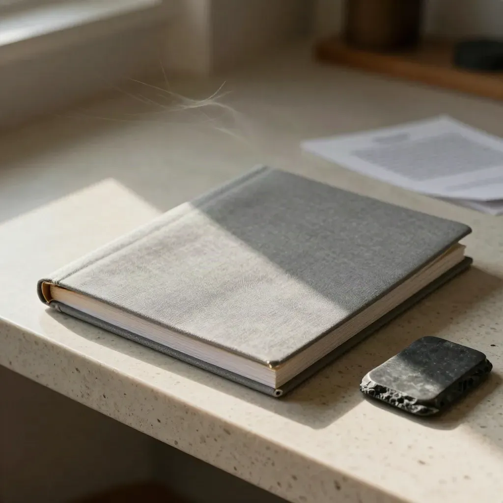 Grey folio with linen strip and slate weight on travertine in soft daylight