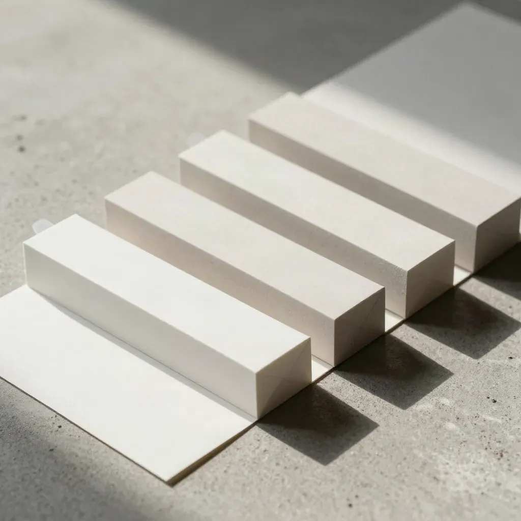 Overhead flatlay of four matte proofing modules on pale concrete, lit by long soft shadows.