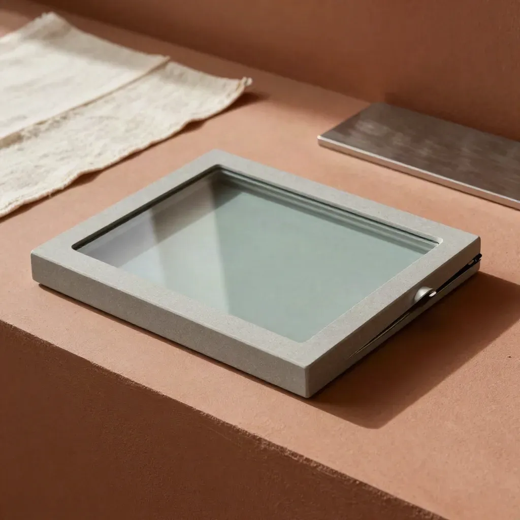 Stone-grey student planning slate with glass face, sleeve, and folded insert on terracotta plaster.