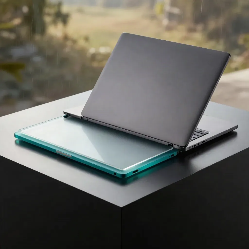 Slate laptop, frosted tablet, and teal wrap on a dark plinth with steam and glossy glare.