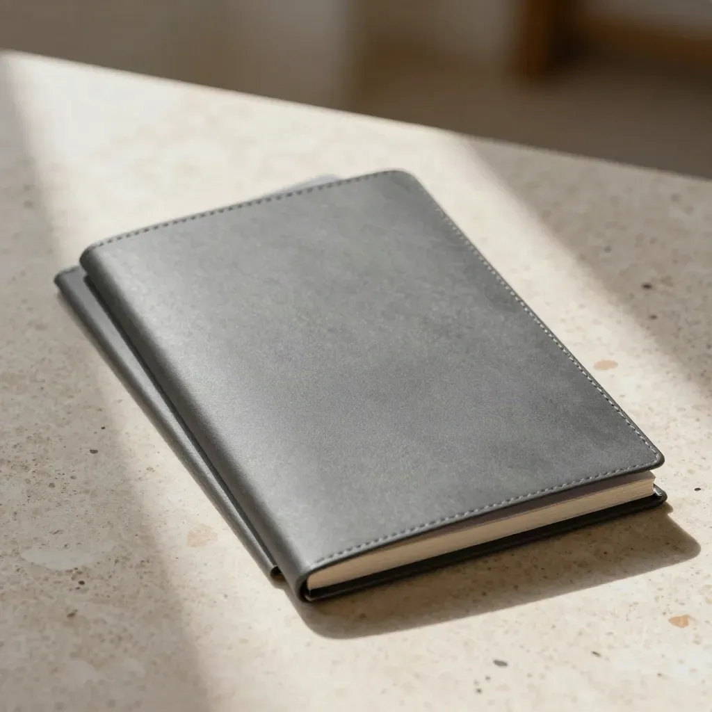 Pocket-sized writer slate on travertine in soft daylight with dust motes and a long shadow.