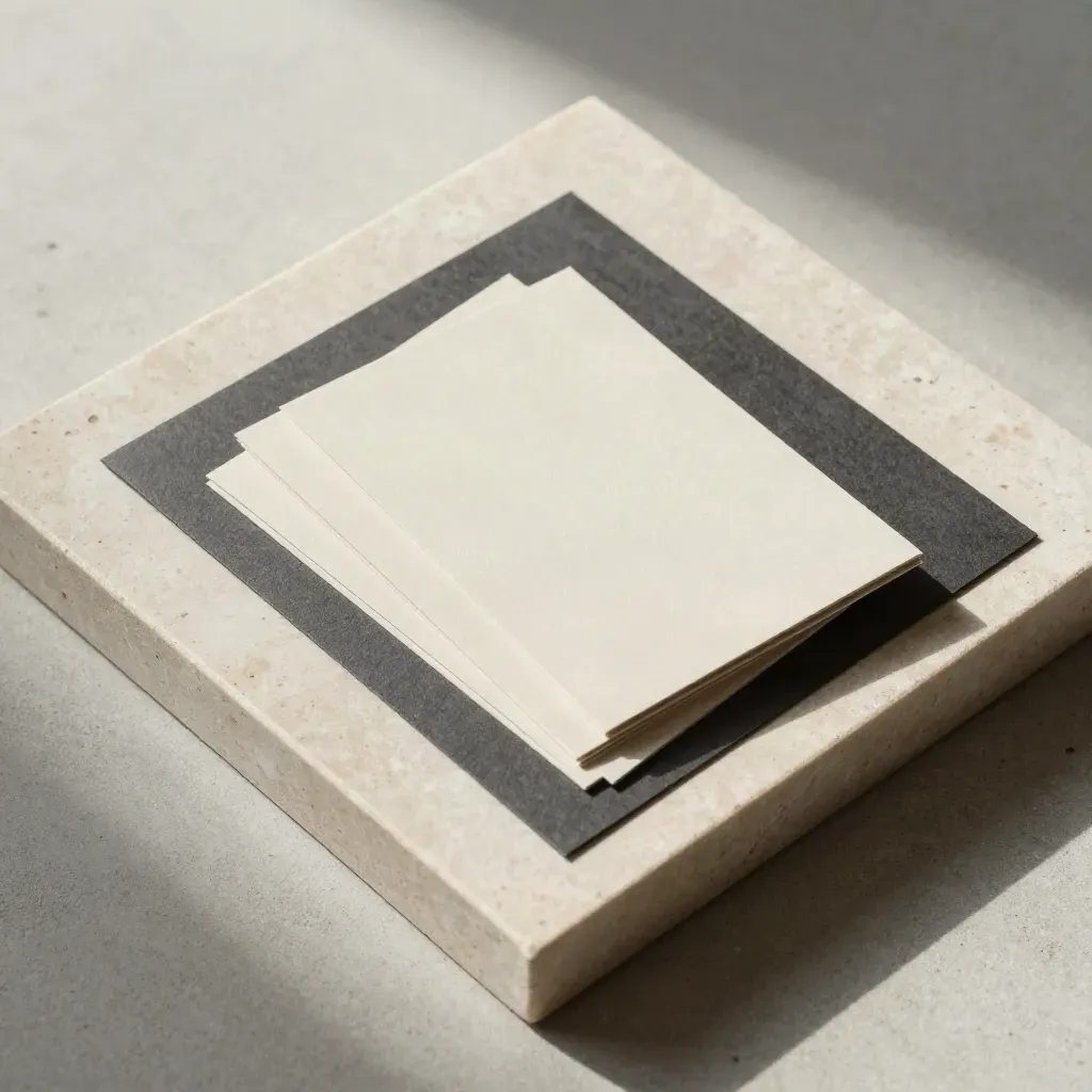 Overhead flatlay of a marketer draft pack with layered neutral cards and dark wrap on concrete.